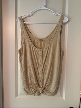 Anama Beige Thin-Striped Button Tank with Front Knot